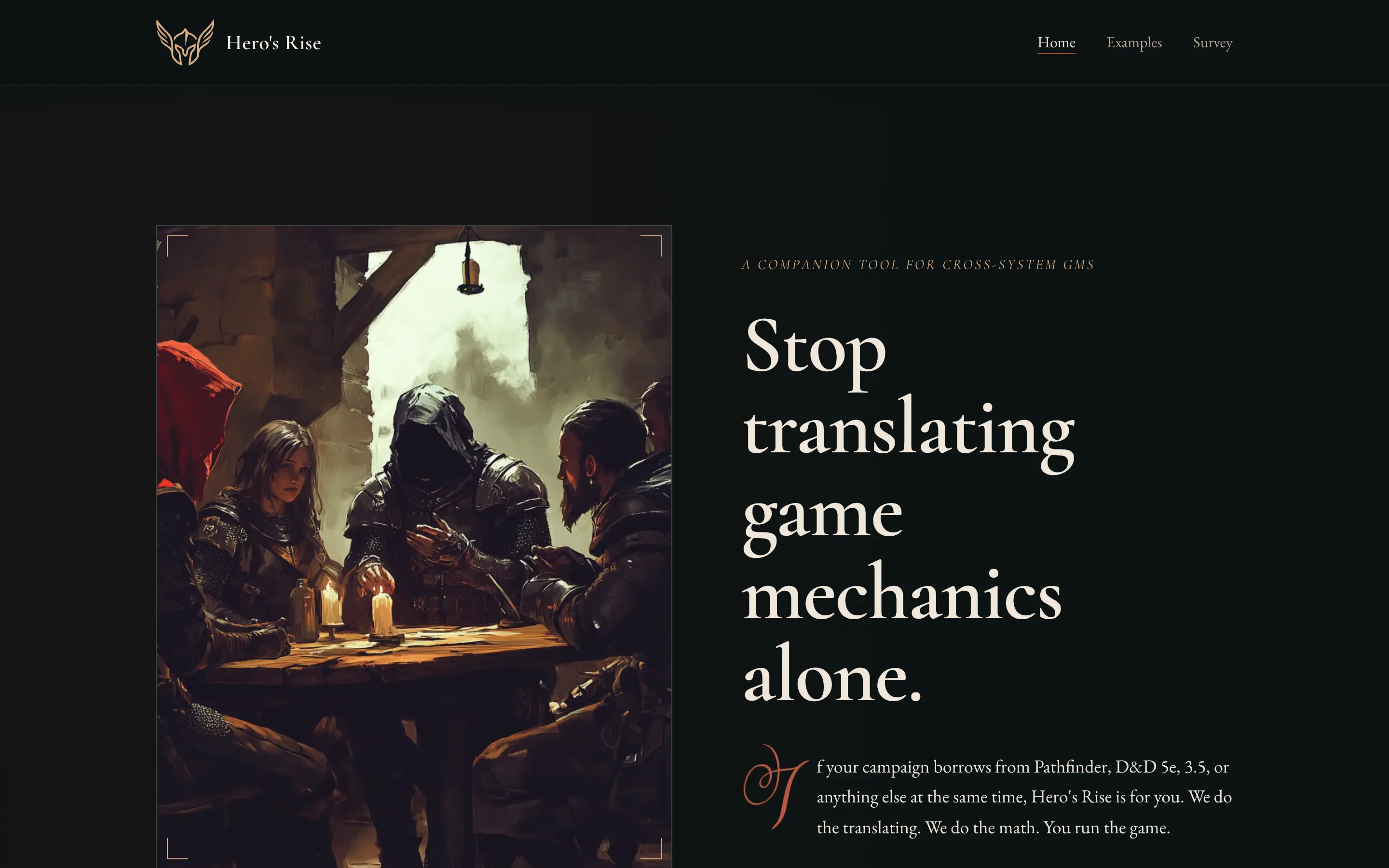 The Hero's Rise site introducing the cross-system game master companion