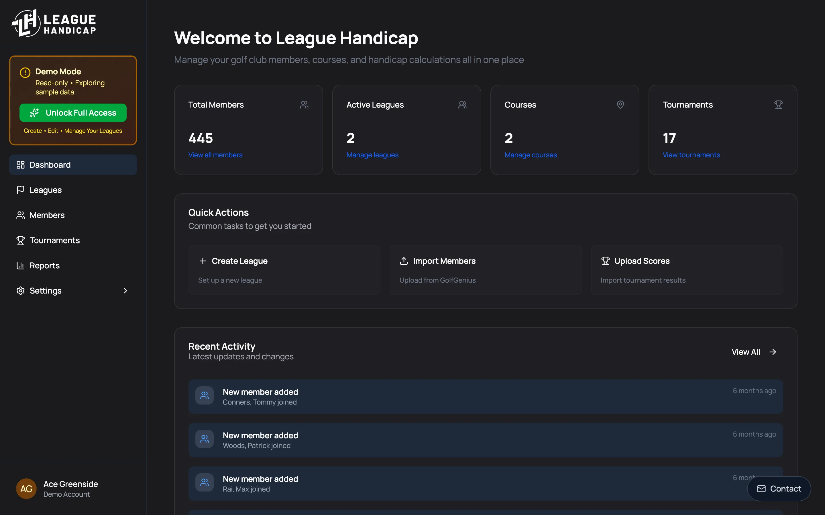 The League Handicap dashboard showing member counts, active leagues, and recent activity